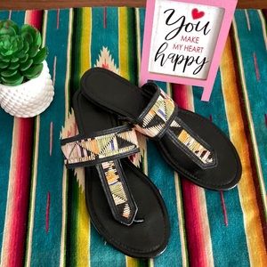 Black woven multi color slide on sandals